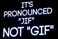 A slide with a black background. The text written in white and all caps is: It's pronounced 'JIF' not 'GIF'.