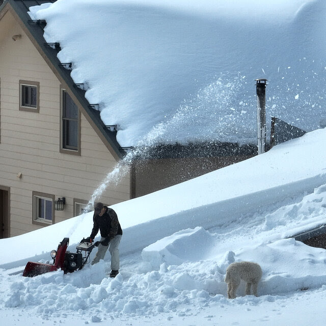 A man using a snow blower and another man using a shovel clear snow off a roof. A dog is in the foreground.