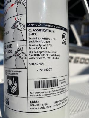 A new U.S. Coast Guard regulation aims to increase use of a newer class of disposable fire extinguishers. A “5-B:C” class is shown here.  