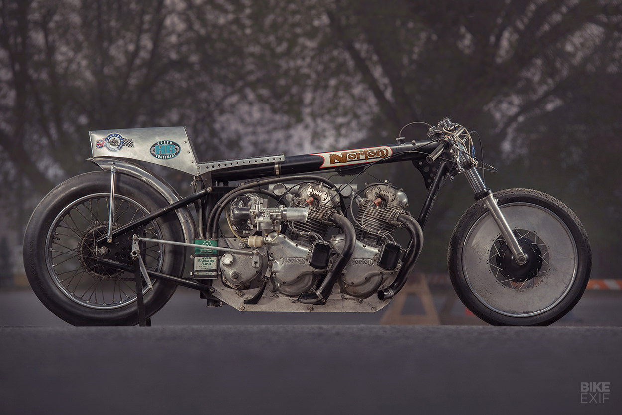 Supercharged twin-engine Norton drag bike by Herb Becker