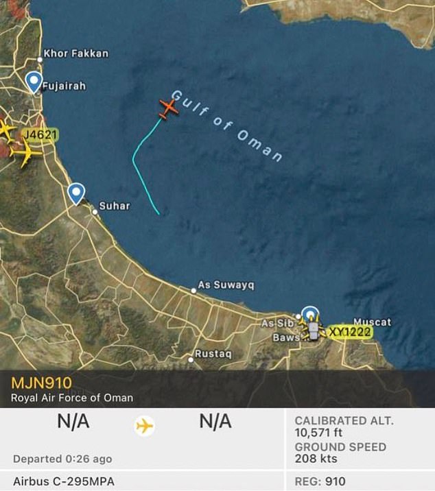 An Oman Royal Air Force Airbus C-295MPA, a maritime patrol aircraft, was flying over the area where the ships were, according to data from FlightRadar24.com