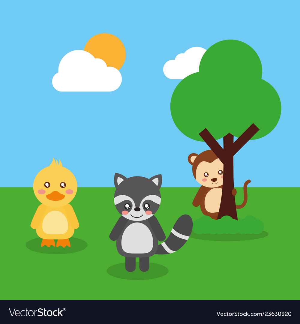 two-cute-animals-duck-raccoon-and-monkey-tree-sky-vector-23630920.jpg