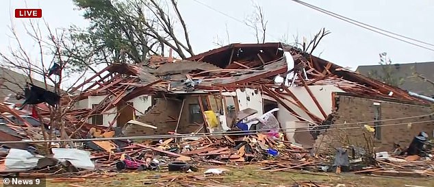 A home in southeastern Oklahoma City is completely destroyed in the aftermath