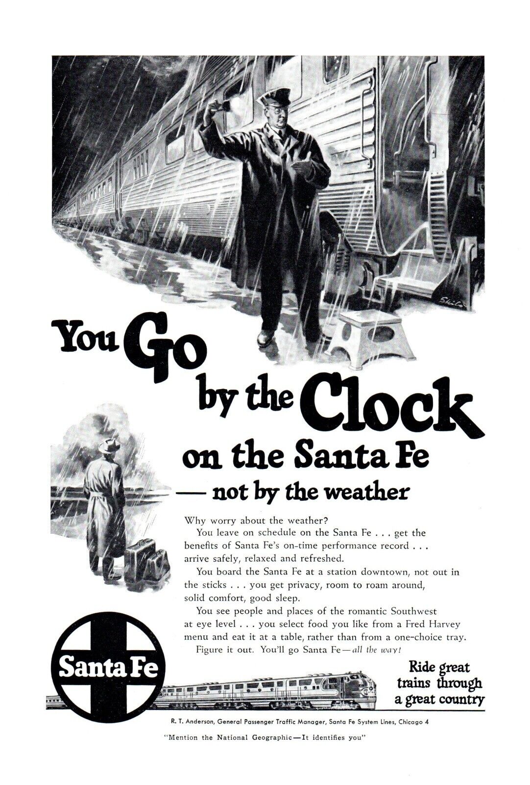 Santa Fe Railroad "You Go By The Clock Not Weather" B&W 1950  Print Ad 6.75"x10 | eBay