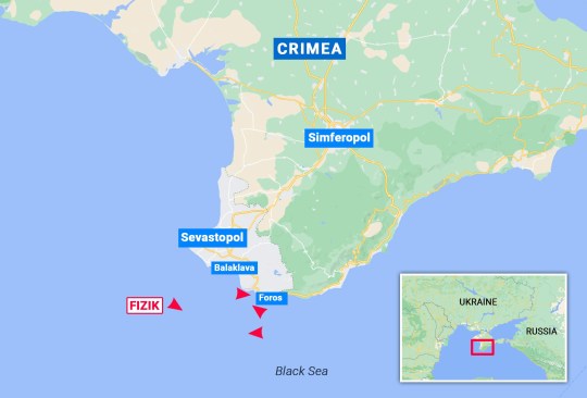 Fizik research vessel's position by the coast of Crimea on 16 March 2023