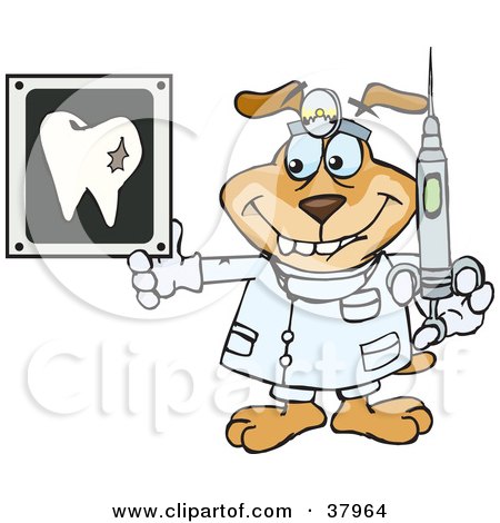 37964-Clipart-Illustration-Of-A-Dentist-Dog-Wearing-A-Head-Lamp-Holding-A-Syringe-And-Looking-At-A-Tooth-Xray.jpg