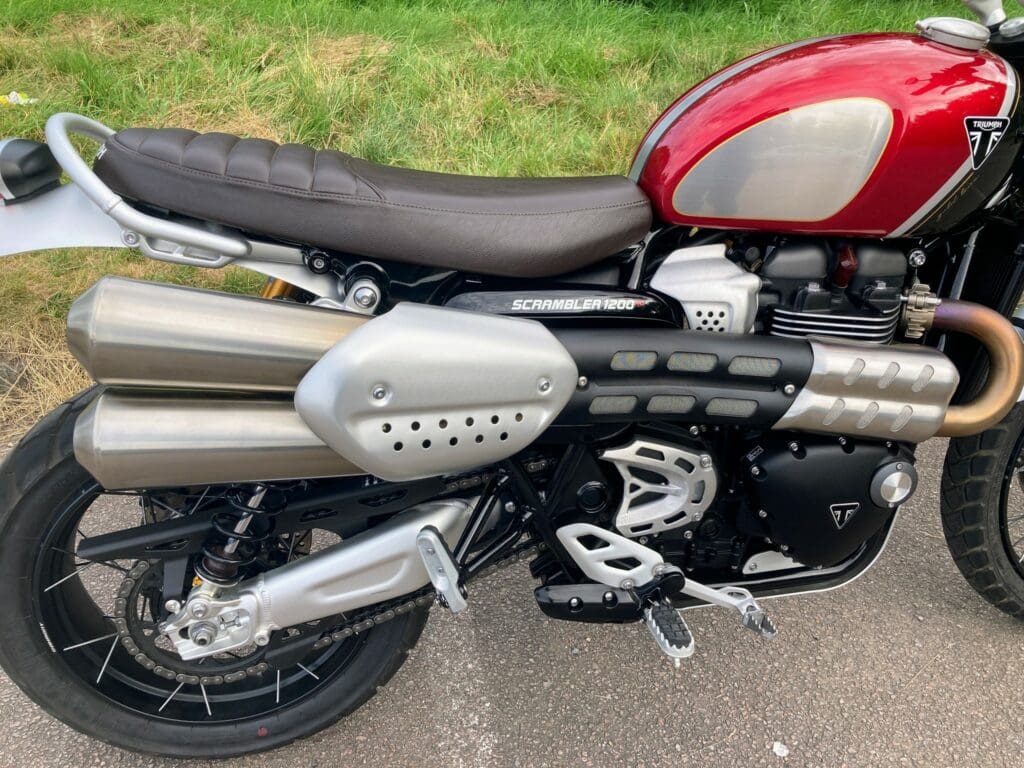 Closeup of exhaust on the 2022 Triumph Scrambler 1200 XC