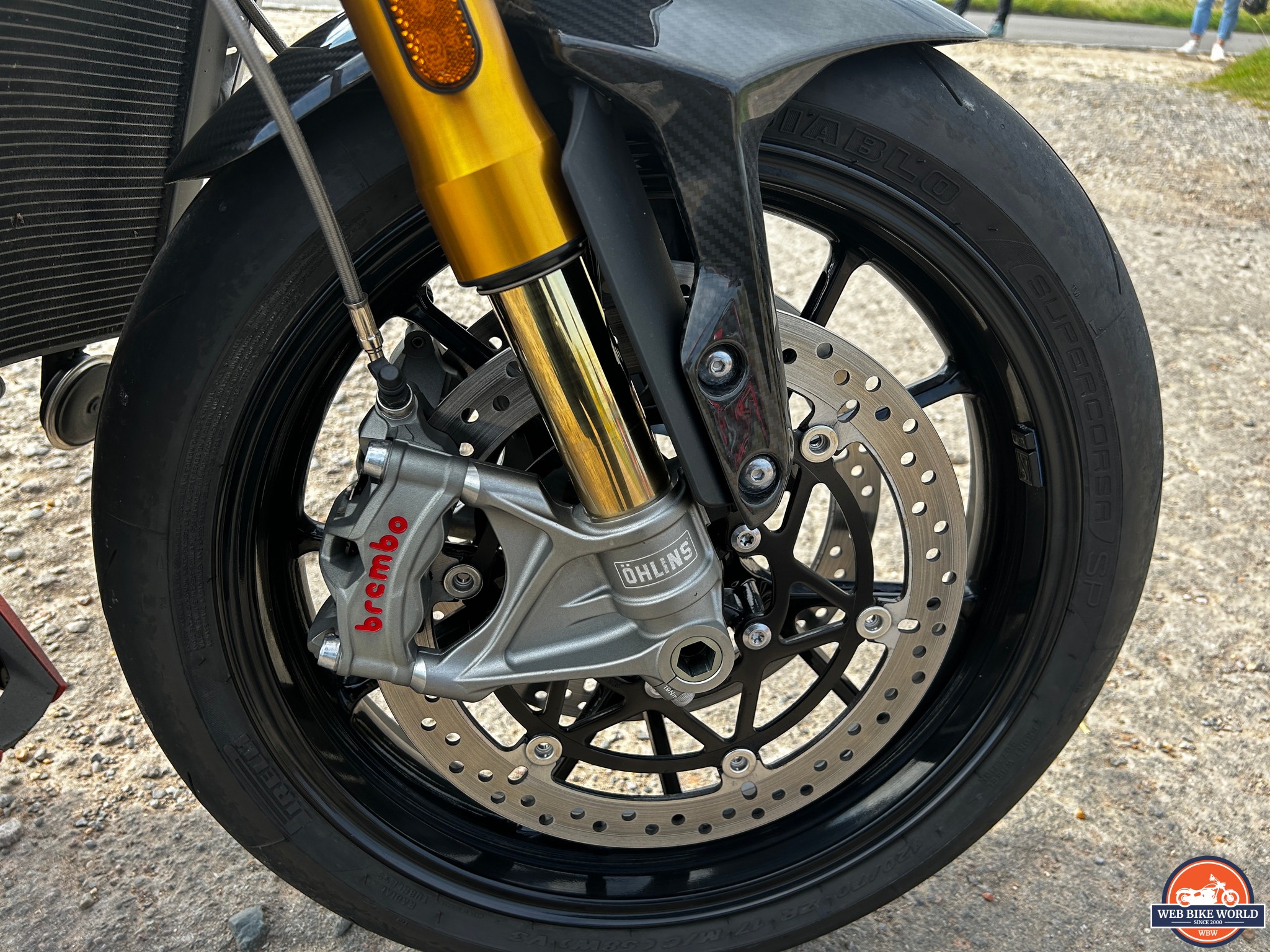 Closeup of the front wheel on the 2023 Triumph Speed Triple 1200 RS