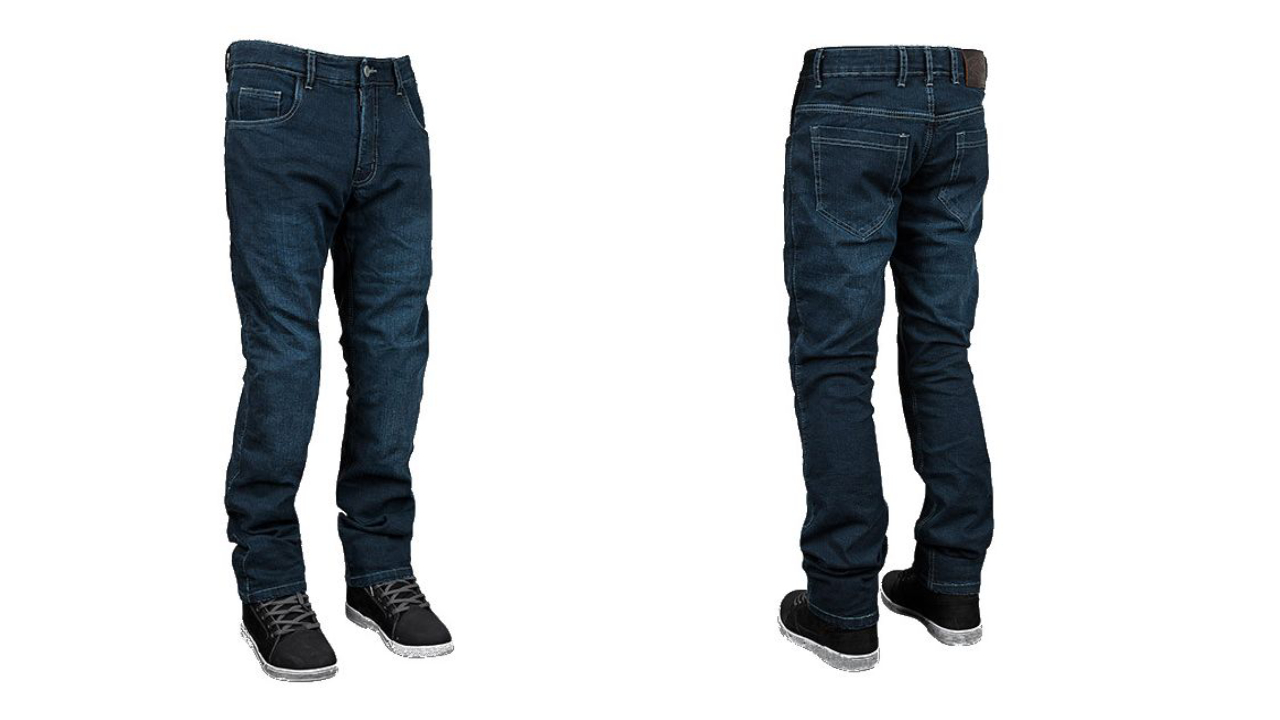 Front and rear studio image of a rider wearing the Street & Steel Oakland Jeans