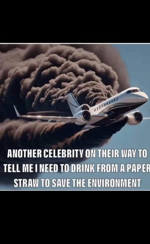 May be an image of helicopter and text that says ANOTHER CELEBRITY ON THEIR WAY TO TELL ME I NEED TO DRINK FROM A PAPER STRAW TO SAVE THE ENVIRONMENT