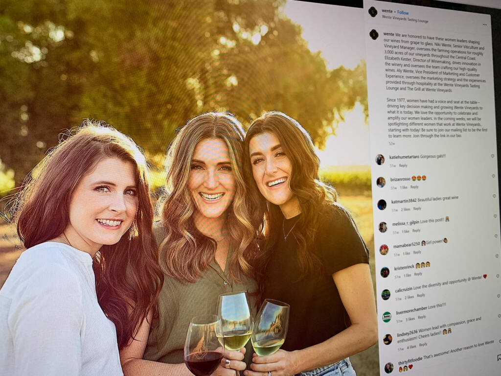 Among the big changes Wente Vineyards of California’s Livermore Valley has made to its social media presence to reach younger generations is to feature the women who with leadership roles in the 140-year-old family-owned company. This Instagram post featuring, from left, winemaker Elizabeth Kester and fifth-generation leaders Aly Wente, vice president of marketing and customer experience, and Niki Went, director of winegrowing. (North Bay Business Journal screenshot)