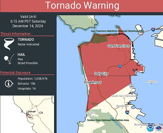 San Francisco has not seen a tornado since 2005, according to the Weather Service which is now investigating if one actually occurred, however it was the first time an alert was issued in advance