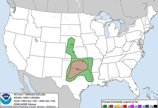 This graphic from NOAA offers a probability outlook that tornados will form in the above areas