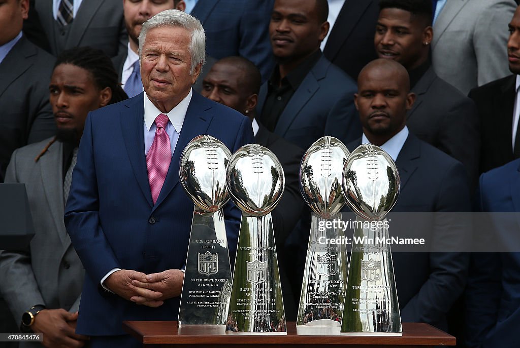 new-england-patriots-owner-robert-kraft-stands-behind-four-super-bowl-picture-id470845476