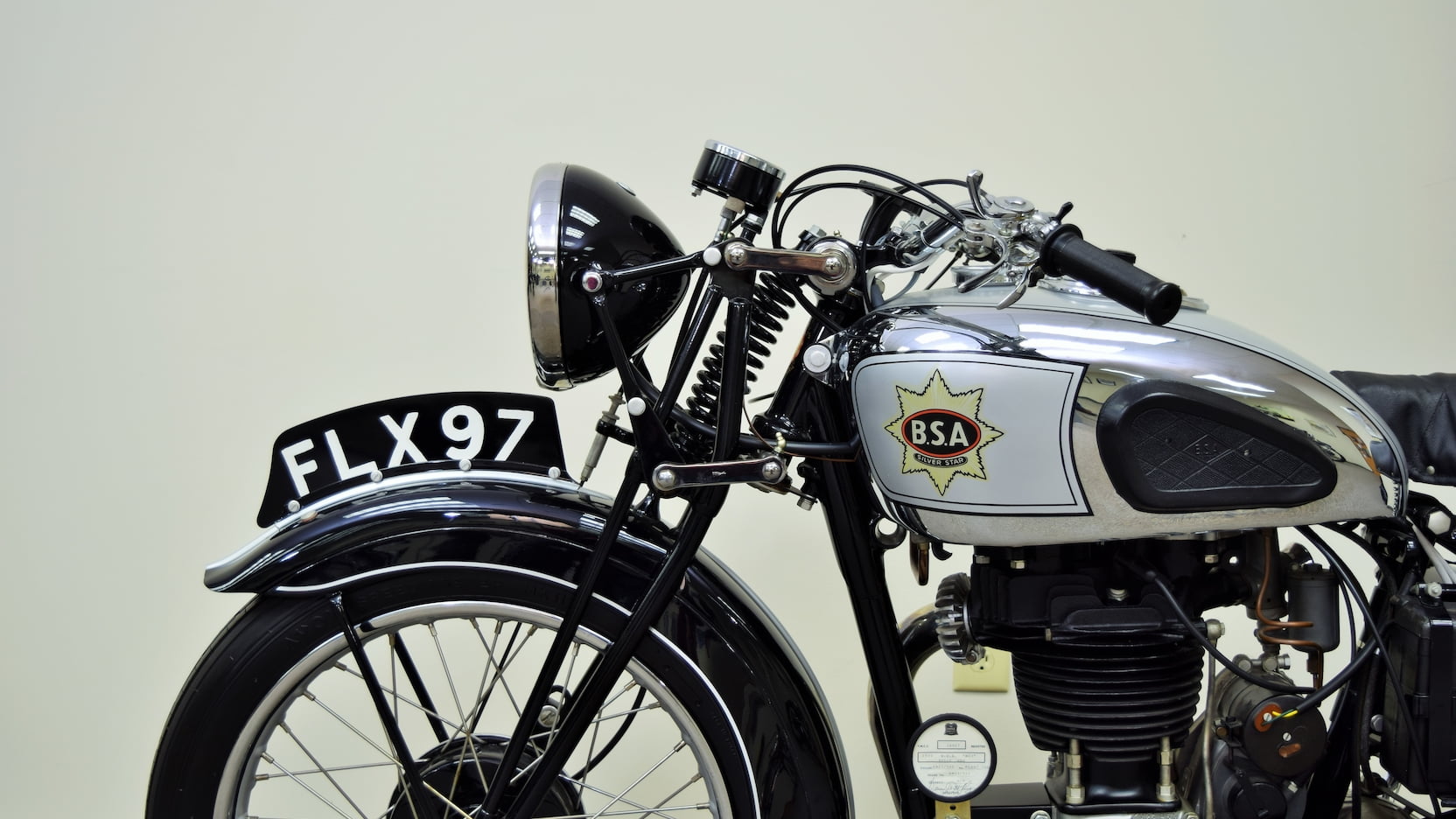 A side view close-up of a BSA motorcycle