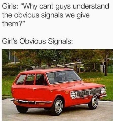 May be an image of car and text that says Girls: Why cant guys understand the obvious signals we give them? Girl's Obvious Signals: