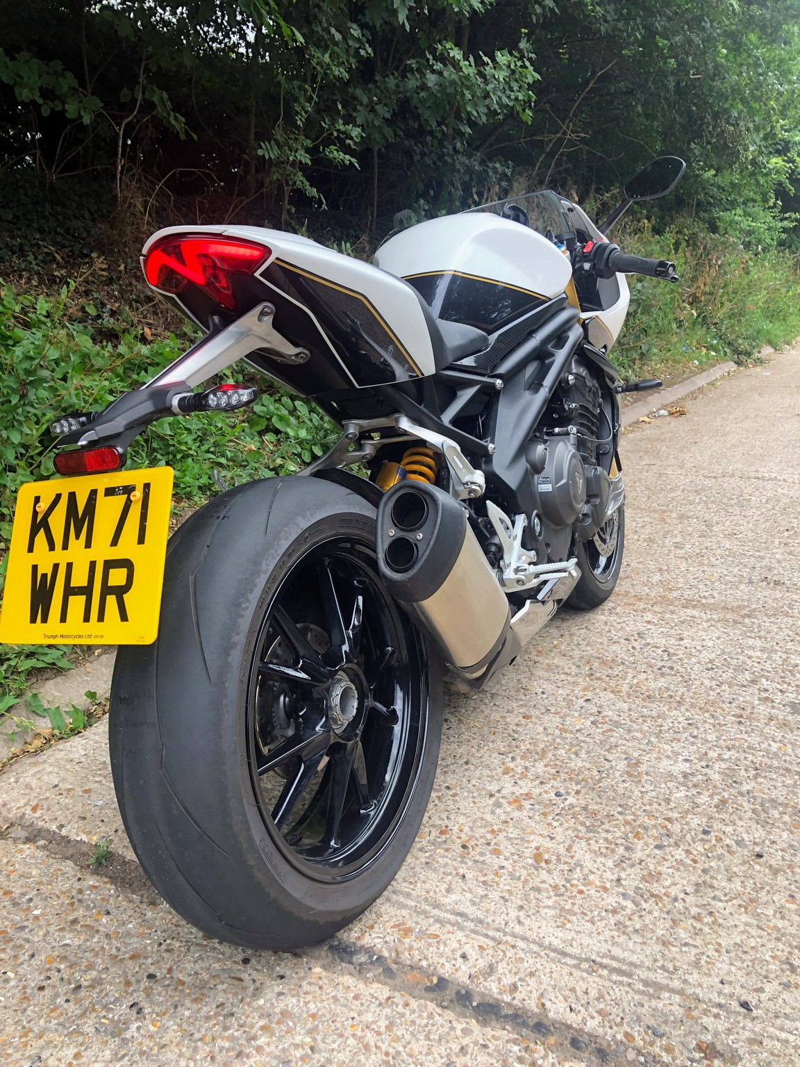 Rear view of the Triumph Speed Triple RR exhaust