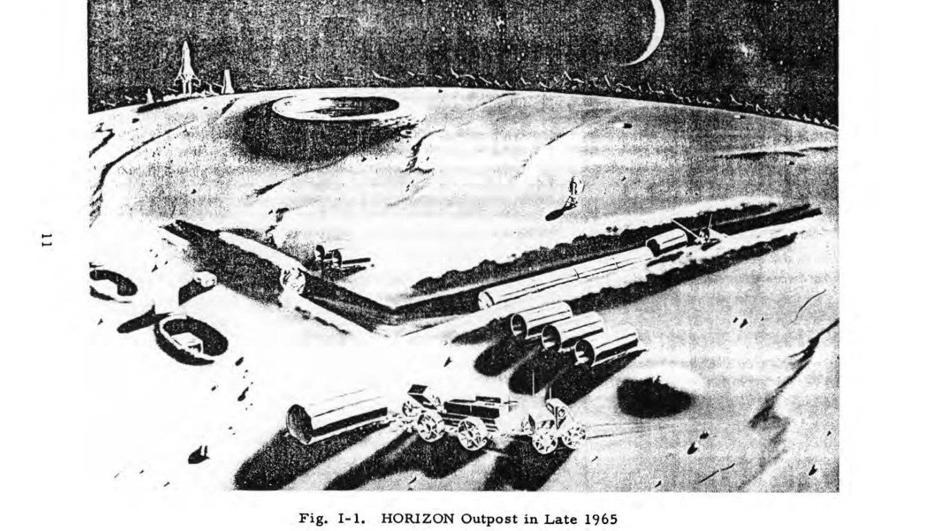 Concept art showing an L-shaped tubular base on the Moon mid-construction.