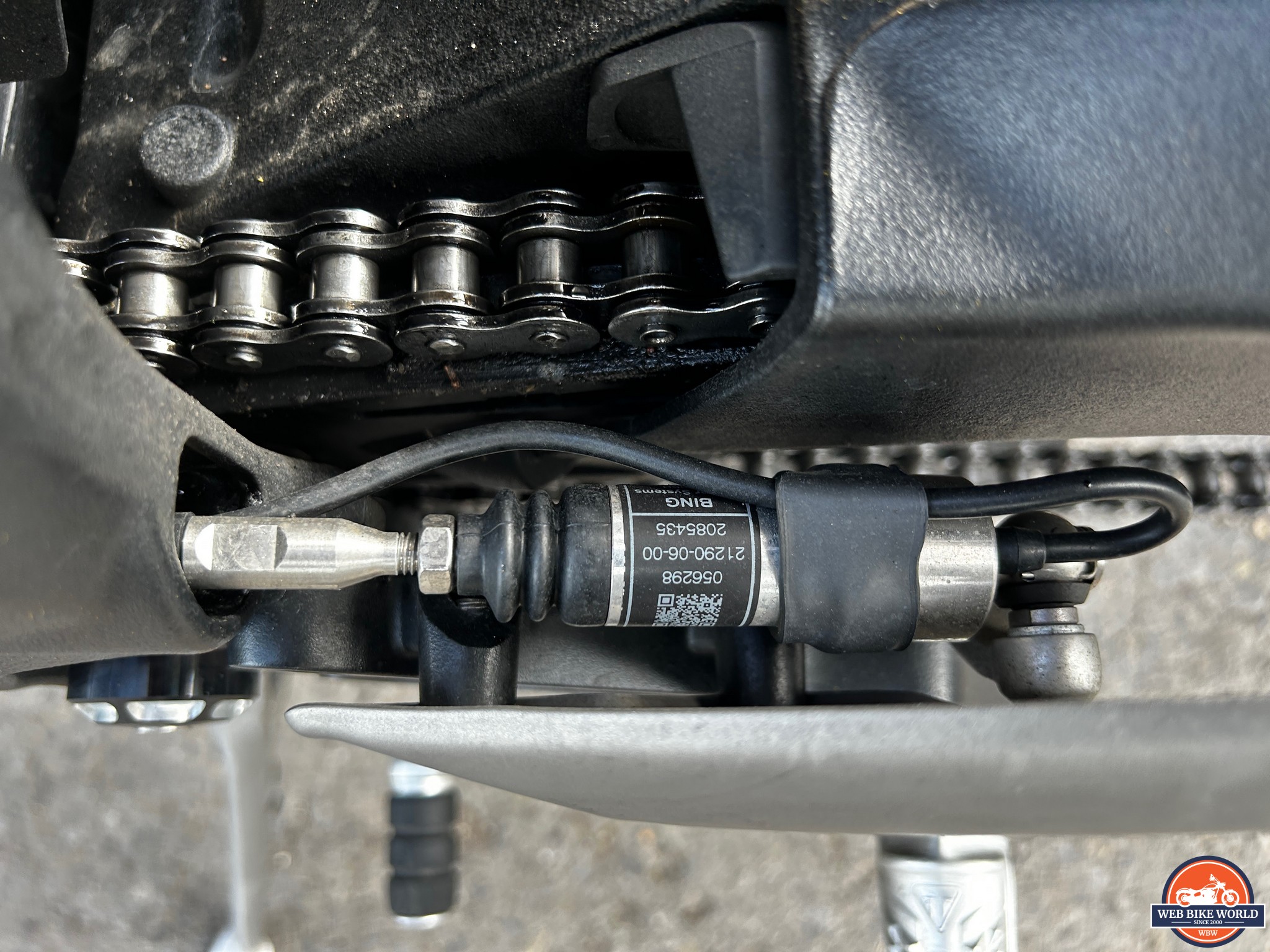 Closeup of the quickshifter for the 2023 Triumph Street Triple 765RS