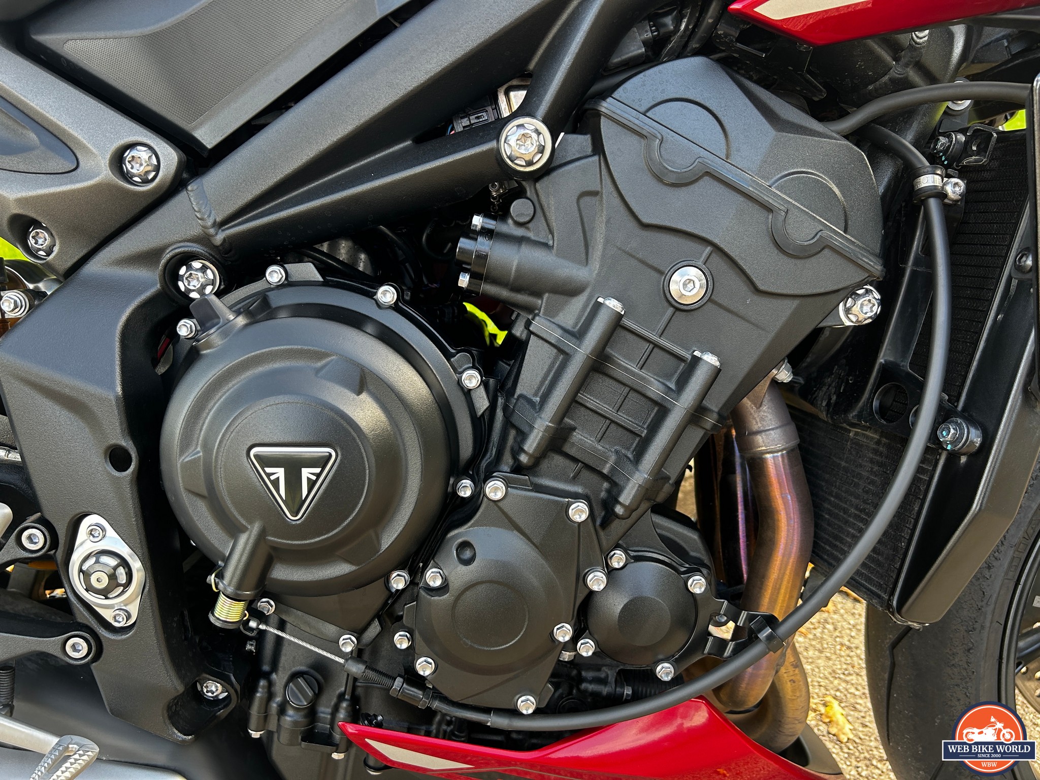 Closeup of the 765cc three cylinder engine