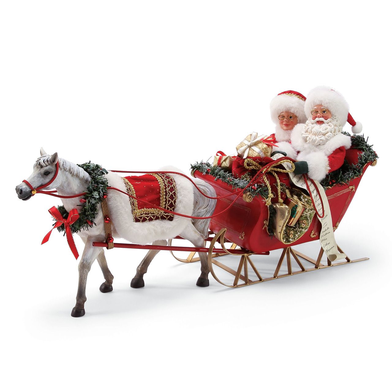 santa and mrs claus riding in a sleigh pulled by a white horse on a ...