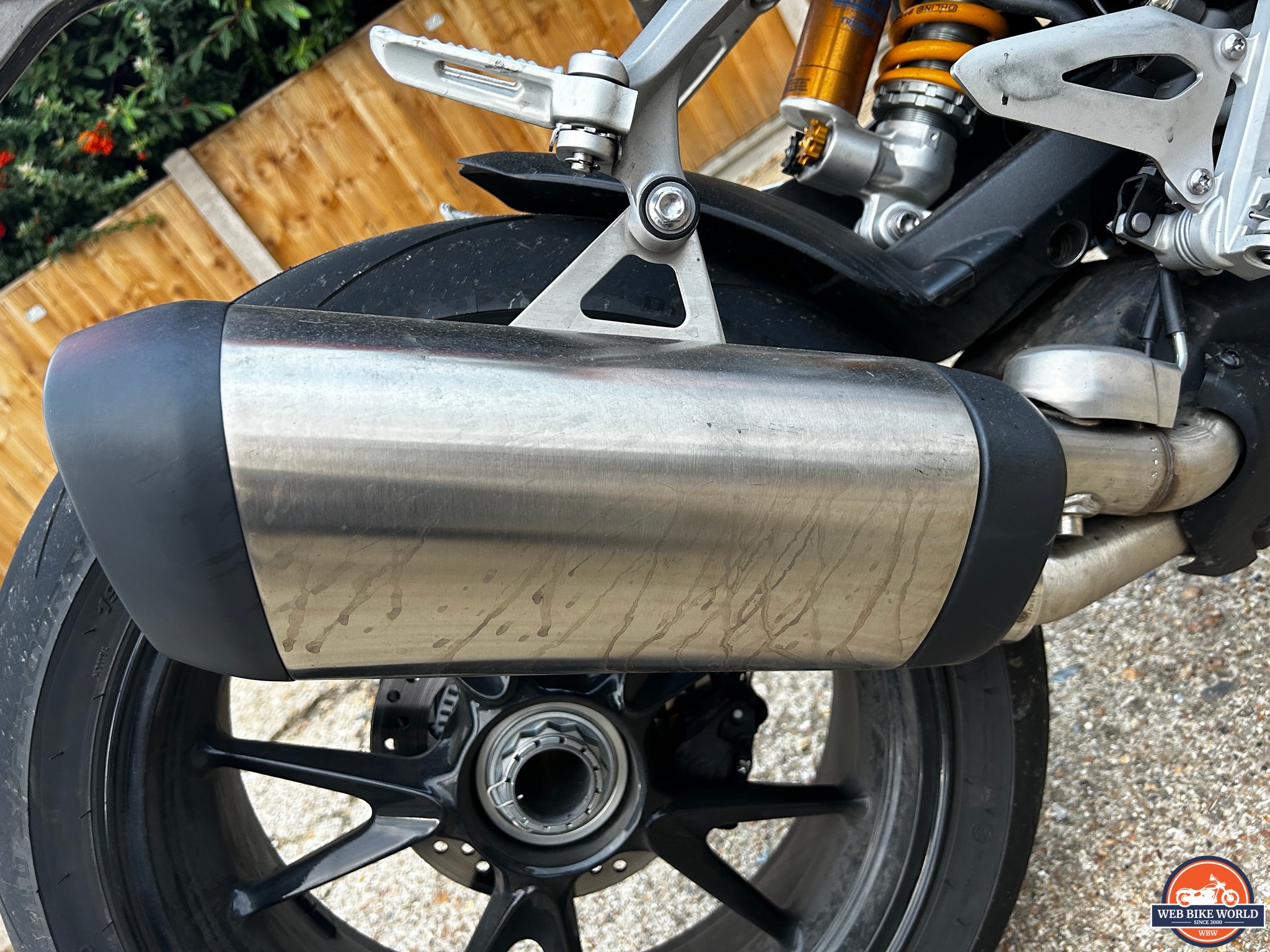 Closeup of the exhaust on 2023 Triumph Speed Triple 1200 RS