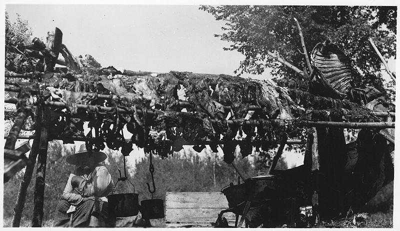 800px-Woman_standing_by_racks_of_drying_meat_-_NARA_-_285706.jpg