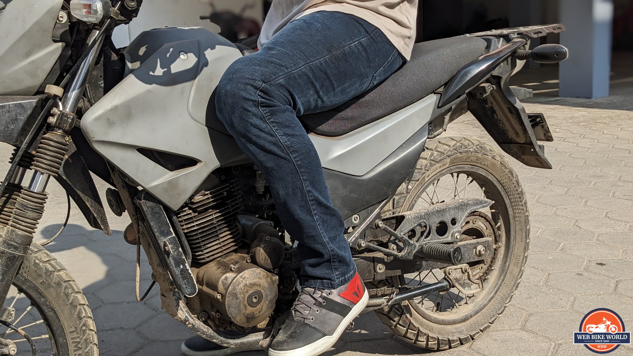 Rider wearing the Street & Steel Oakland Jeans while seated on a motorcycle