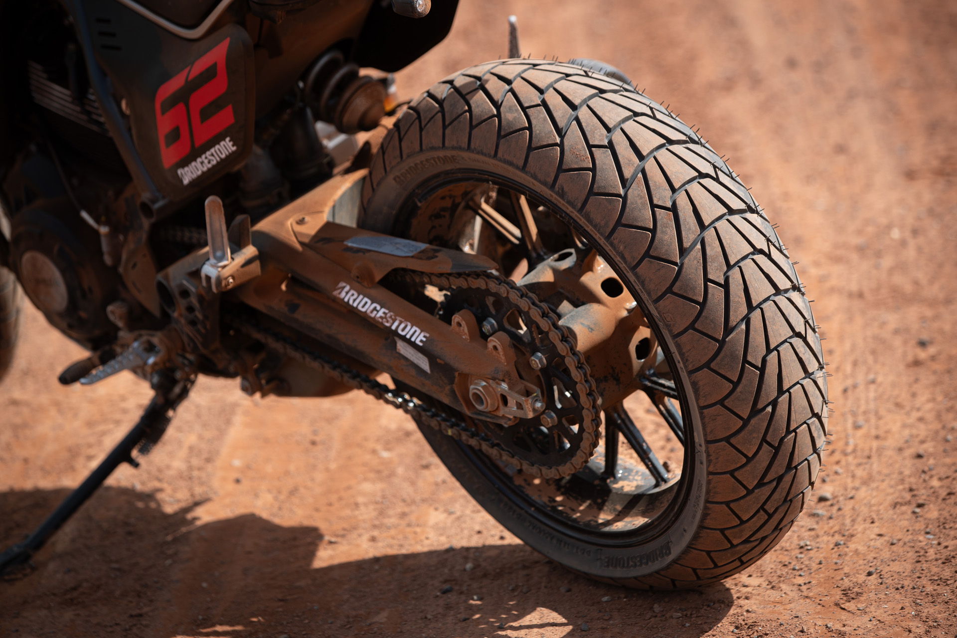 Closeup of Bridgestone tyre on flat track circuit