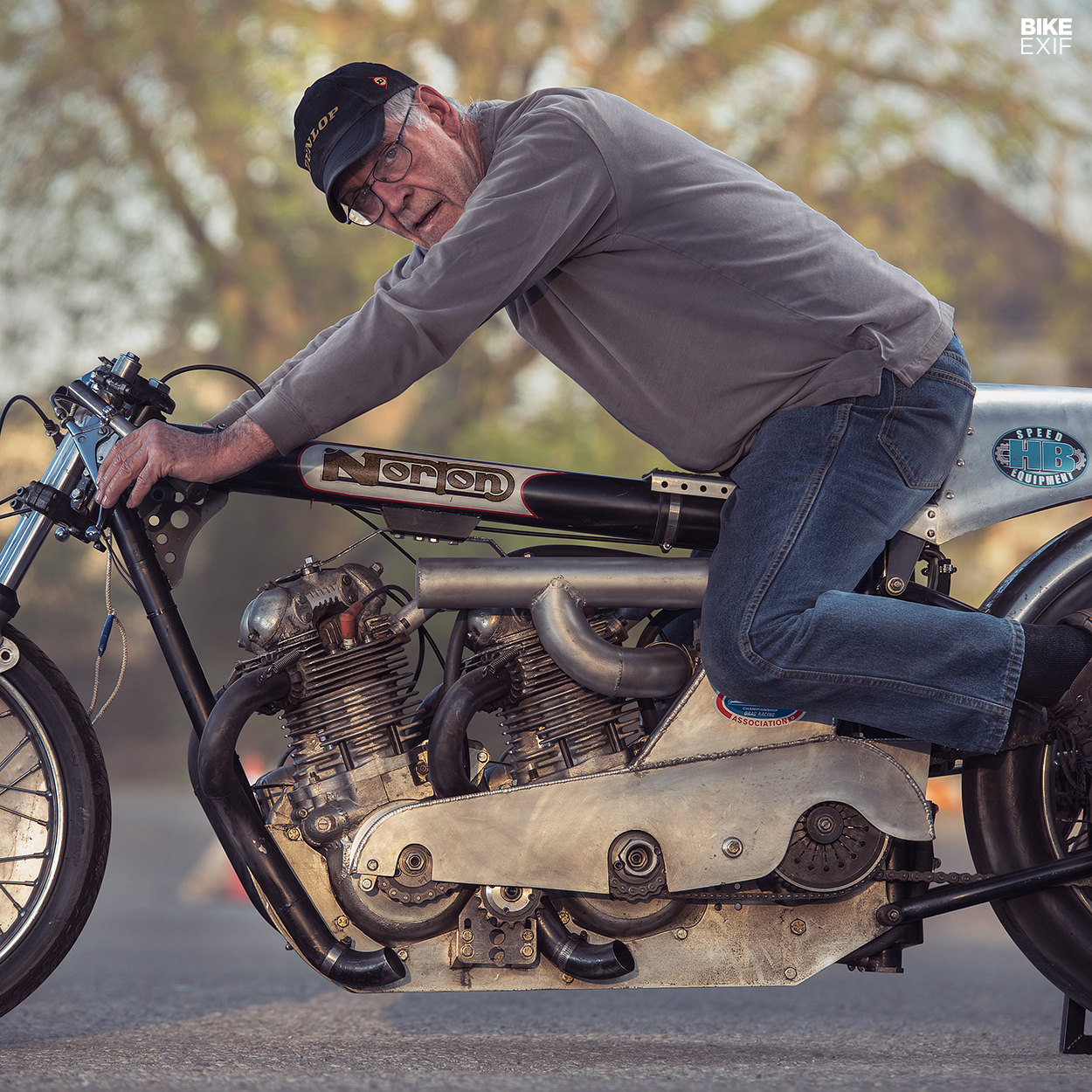 Herb Becker on his supercharged twin-engine Norton drag bike