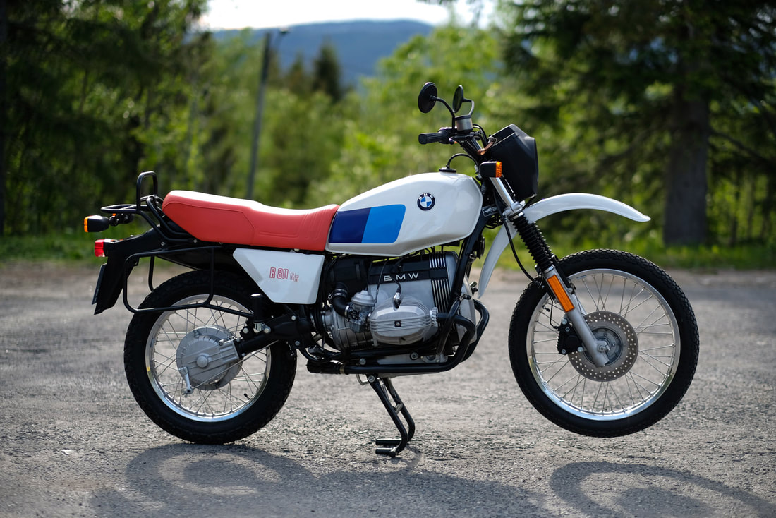 1980 BMW R80 GS with centre stand down on forest road