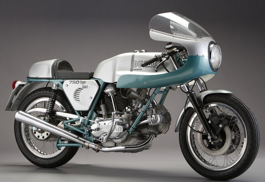 A 1974 Ducati 750SS motorcycle in a studio