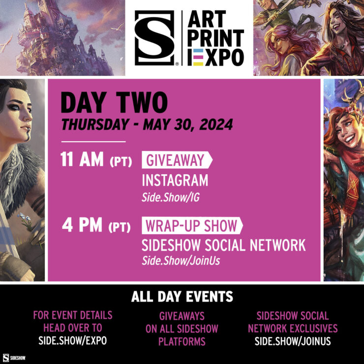 Day Two schedule for Sideshow's Art Print Expo, May 30, 2024