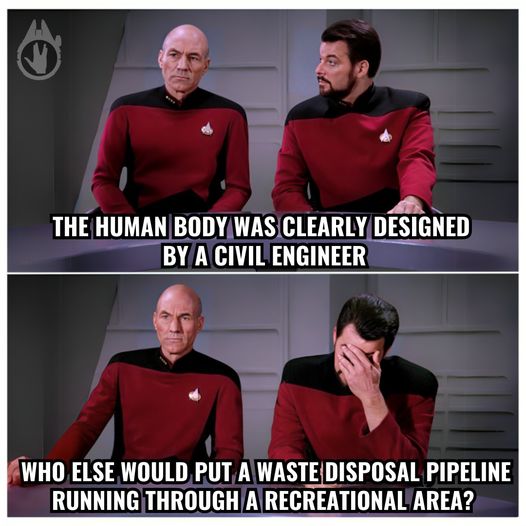 May be an image of 4 people and text that says THE HUMAN BODY WAS CLEARLY DESIGNED BY A CIVIL ENGINEER WHO ELSE WOULD PUT A WASTE DISPOSAL PIPELINE RUNNING THROUGH A RECREATIONAL AREA?