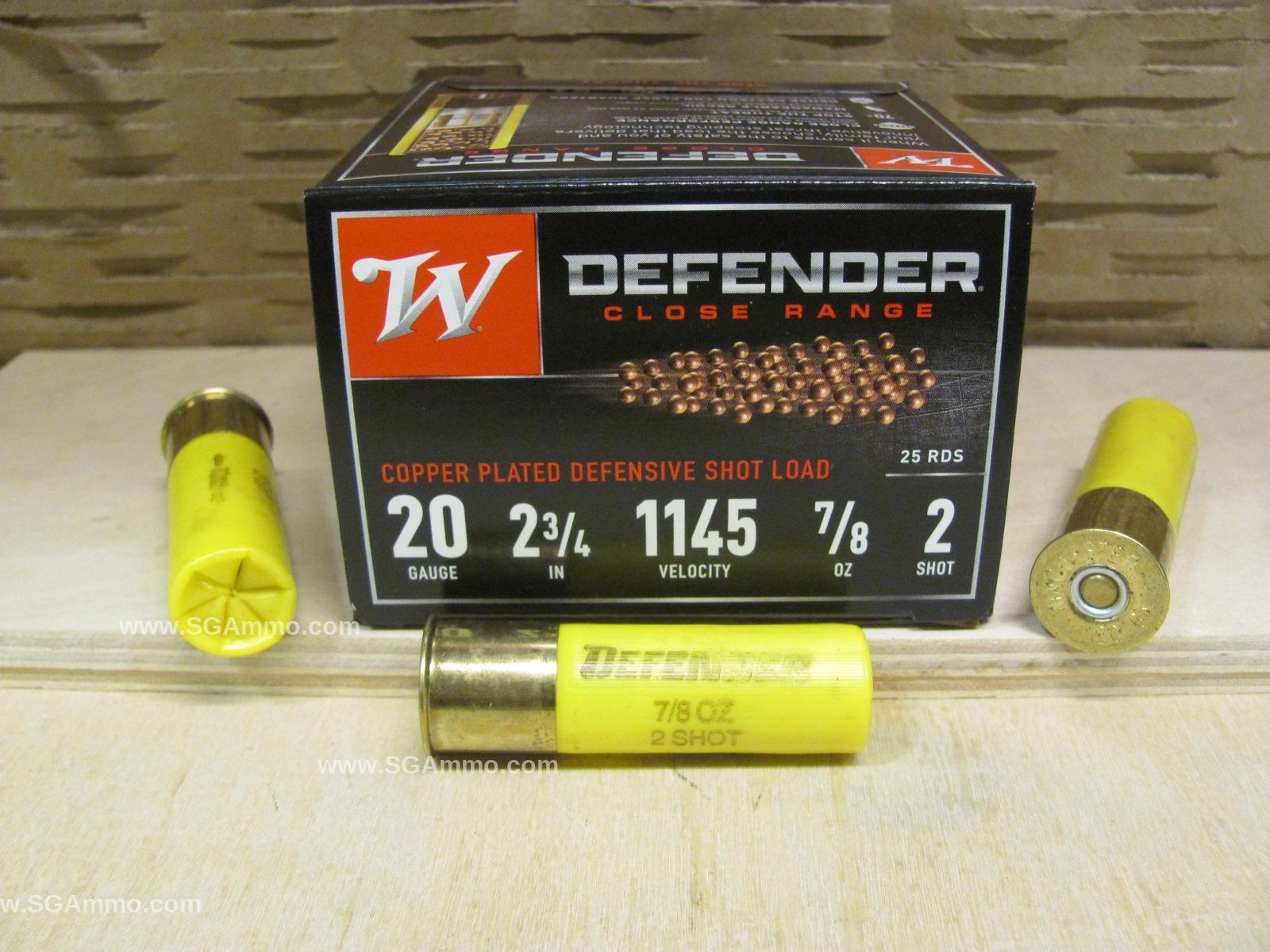 25 Round Box - 20 Gauge 2.75 Inch 7/8 Ounce Number 2 Shot Winchester Defender Close Range Ammo - S202PD25