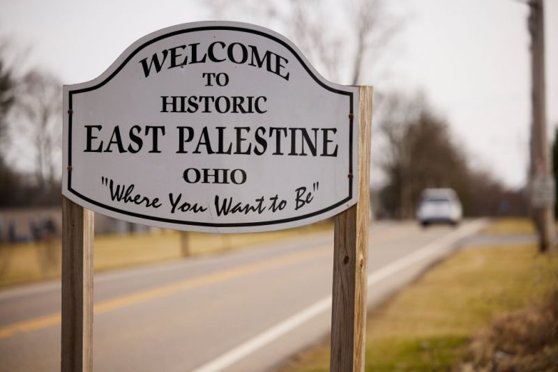 EAST PALESTINE, OH - FEBRUARY 14: A sign welcomes visitors to the town of East Palestine on February 14, 2023 in East Palestine, Ohio. A train operated by Norfolk Southern derailed on February 3, releasing toxic fumes and forcing evacuation of residents. (Photo by Angelo Merendino/Getty Images)