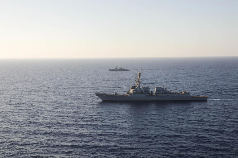 The Arleigh Burke-class guided-missile destroyer USS Stockdale sails alongside the Egyptian Navy El Suez-class corvette ENS Abu Qir in October. The Stockdale is one of the vessels that came under attack on Monday. US Navy photo