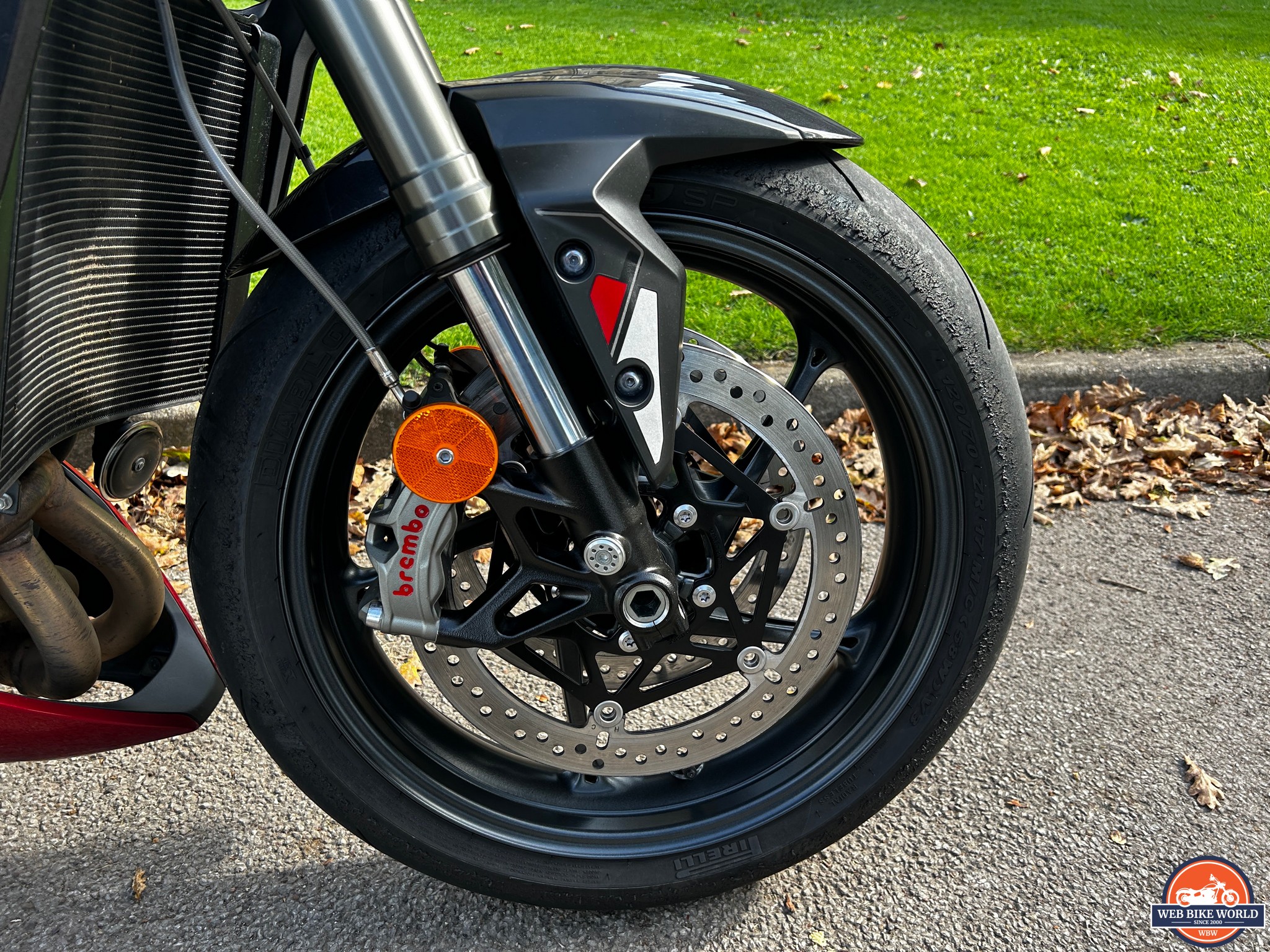 Front wheel closeup of the brembo calipers and rotors